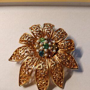 Vintage Stamped BSK Gold Tone Flower with Pastel Rhinestones and Pearls